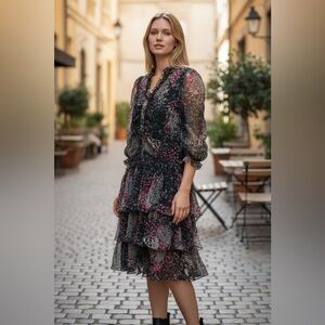 Diane Von Furstenberg Black Green Pink, Floral Long Sleeve Dress Size Small 6